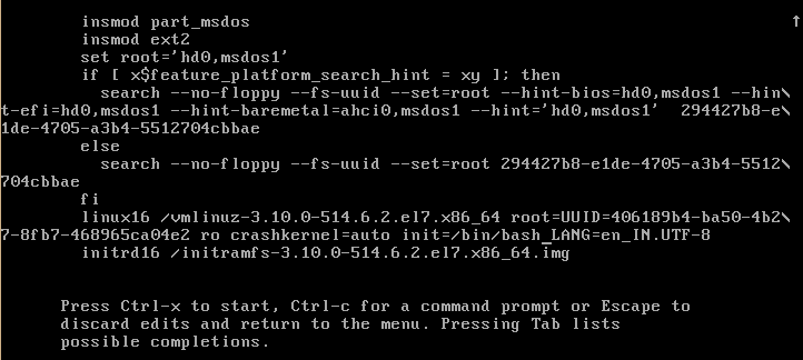 CentOS 7.3 bootup kernel edited with init=/bin/bash
