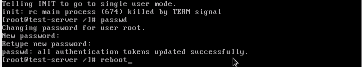 reset root password with passwd in single user mode and reboot