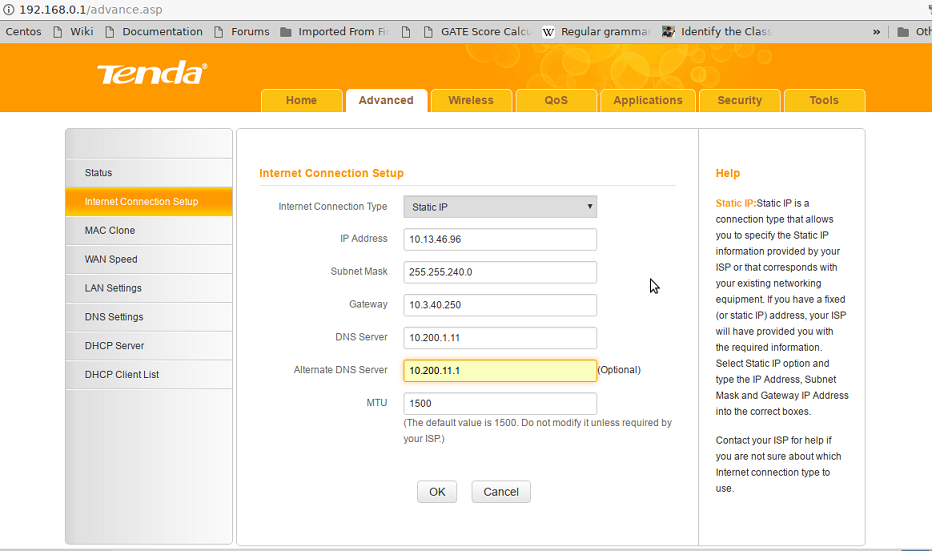 Tenda N1500 setting static IP